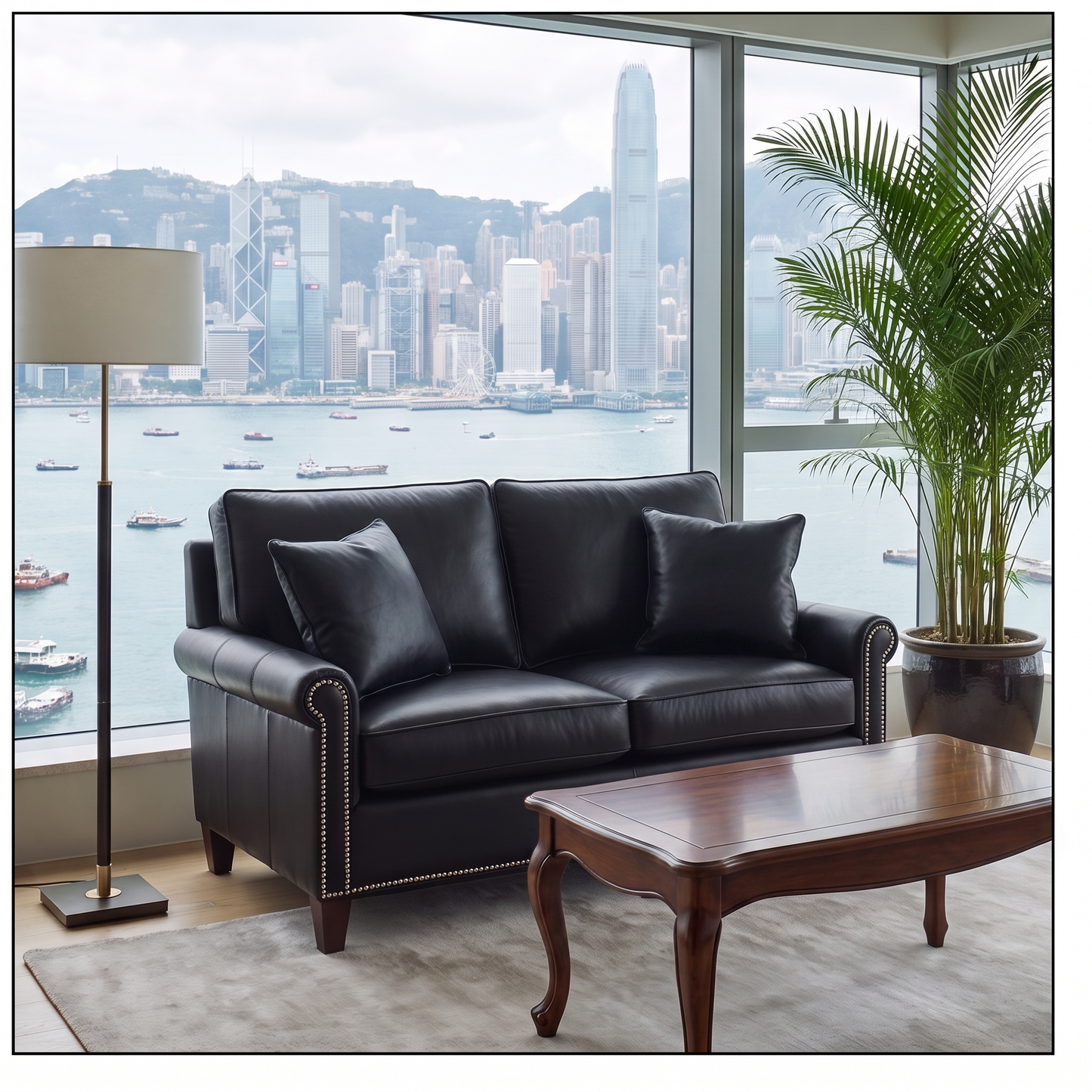 EON-SF005 Churchill Nailhead Loveseat - HK Harbour Lifestyle with Wood Coffee Table