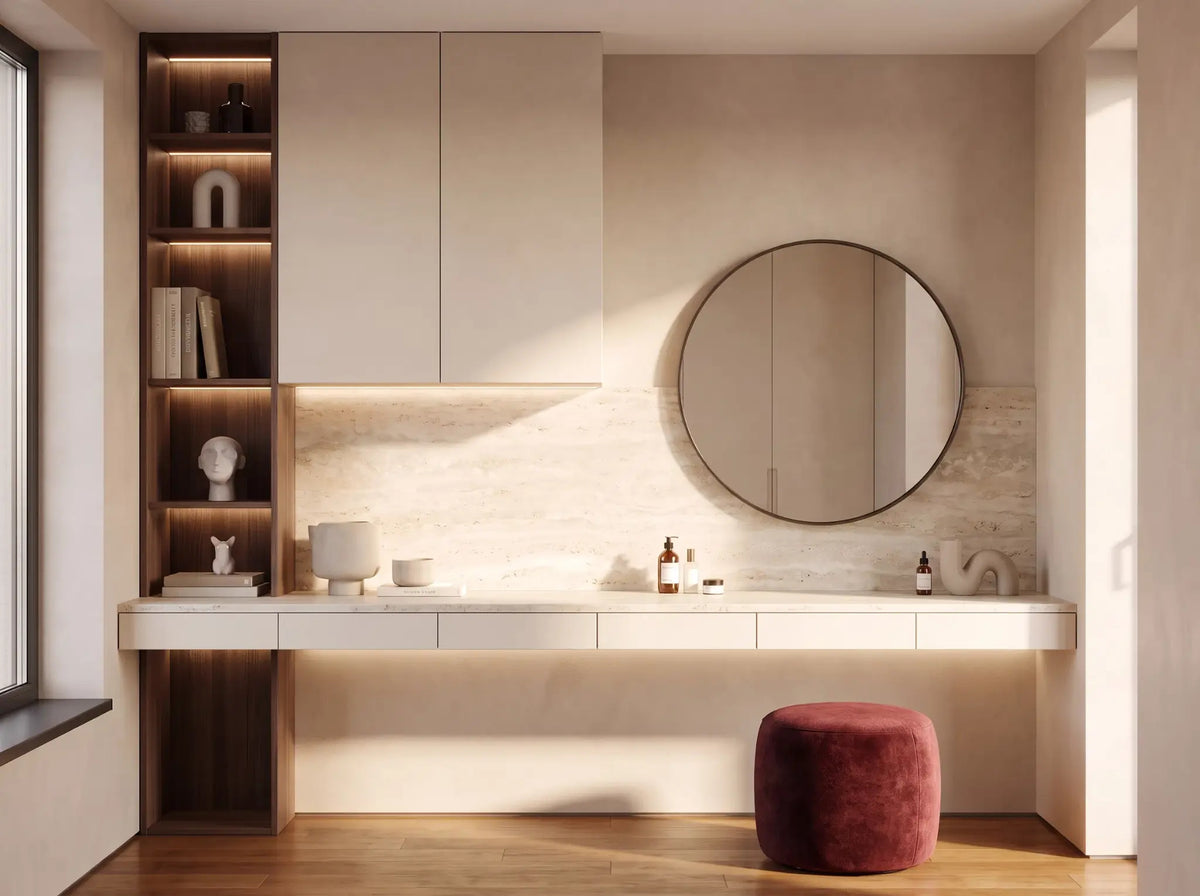 Aurelia custom dressing table with graphite cabinetry, dark stone-look surface, walnut detailing and integrated glass display storage.