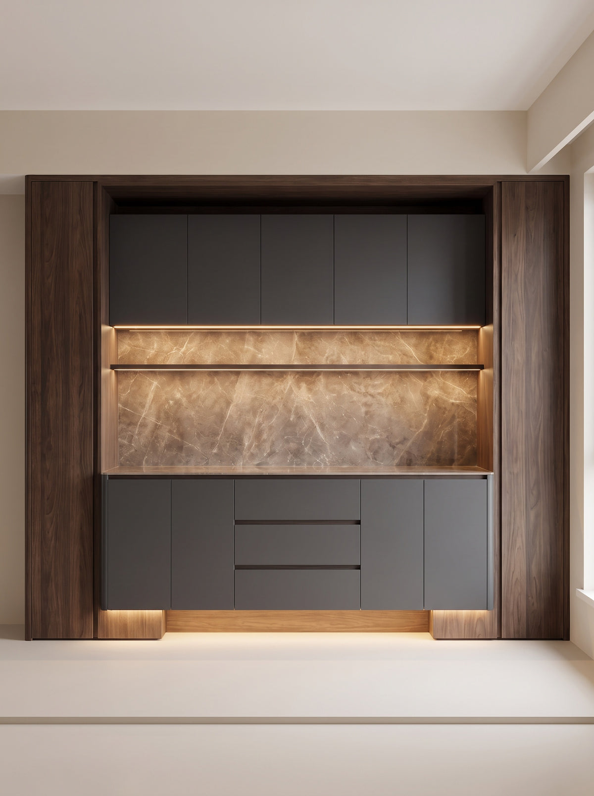 Nadine Dining Cabinet EON-SC004 – centered charcoal, smoked walnut, and marble-look front view