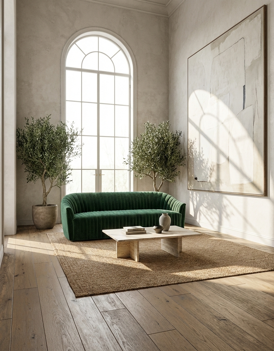 EON-SF007 Emerald Channel Velvet Sofa - Lifestyle with Throw