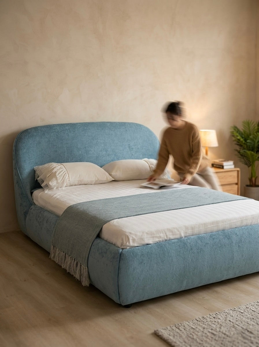Mira upholstered bed EON-BD001 – bedroom lifestyle view
