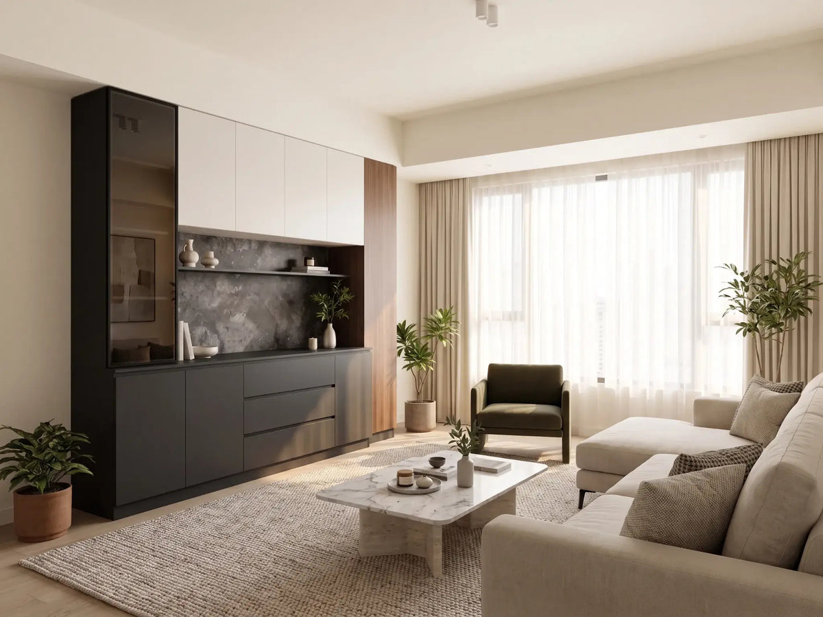Celeste custom living-room cabinet with black-framed smoked glass display tower, soft ivory upper storage, dark stone-look niche, graphite base units and walnut end panel.