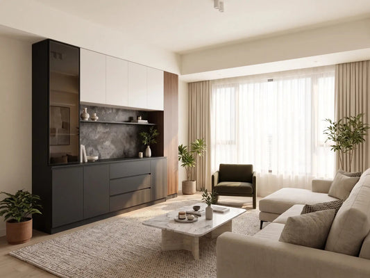 Celeste custom living-room cabinet with black-framed smoked glass display tower, soft ivory upper storage, dark stone-look niche, graphite base units and walnut end panel.
