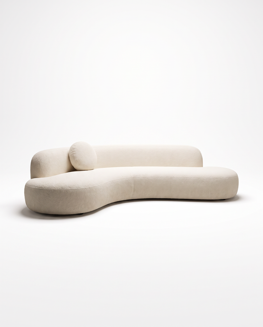 Mila Sculptural Bouclé Sofa in ivory bouclé, front studio view