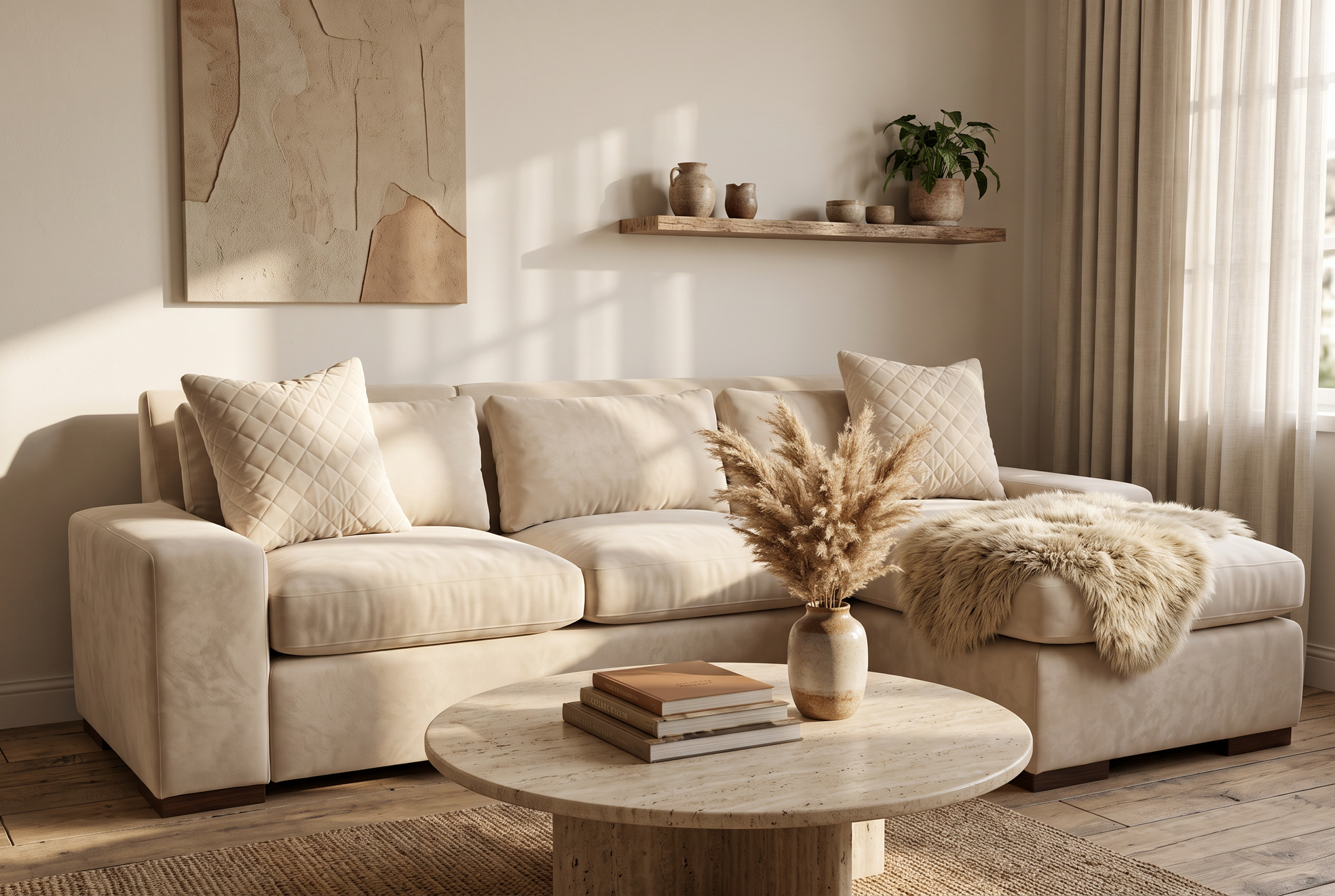 EON-SF012 Ivory Chaise Sectional - Lifestyle Warm Boho Interior