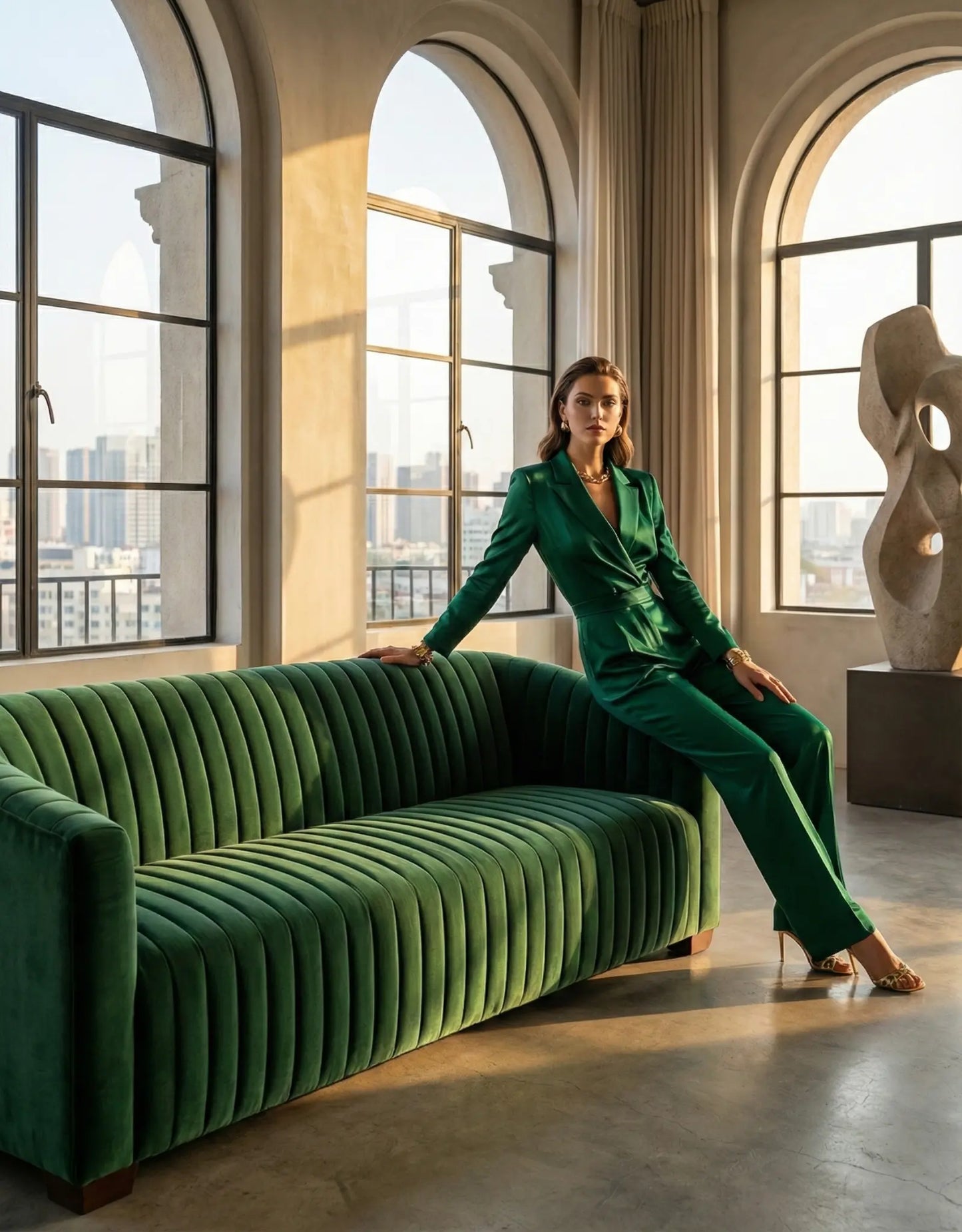 EON-SF007 Emerald Channel Velvet Sofa - Lifestyle Bright Window