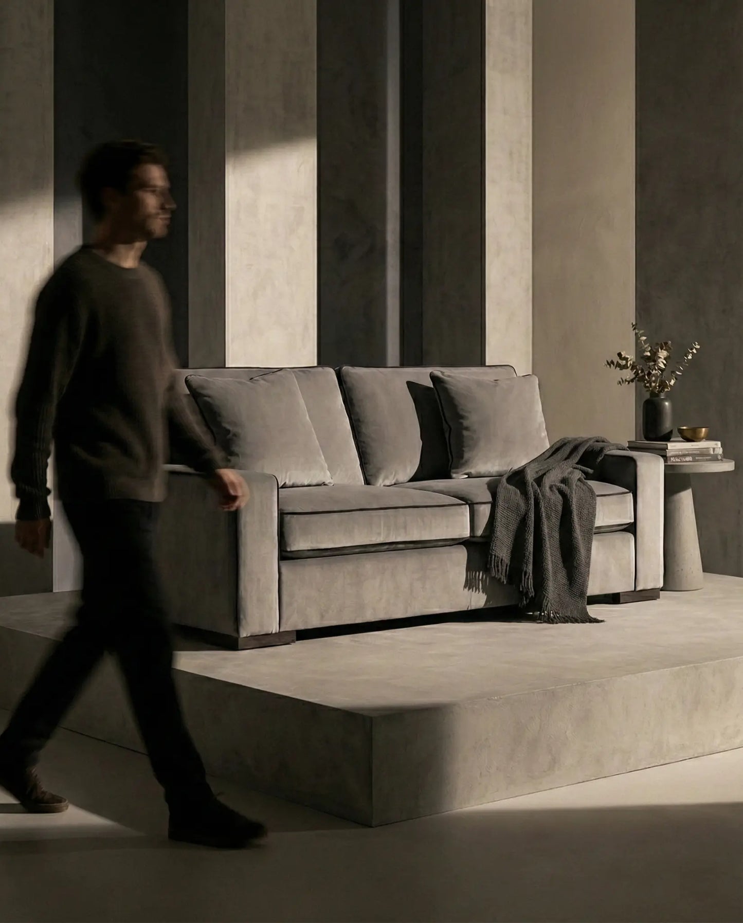 EON-SF006 Grafton Velvet Sofa - Lifestyle with Man Walking
