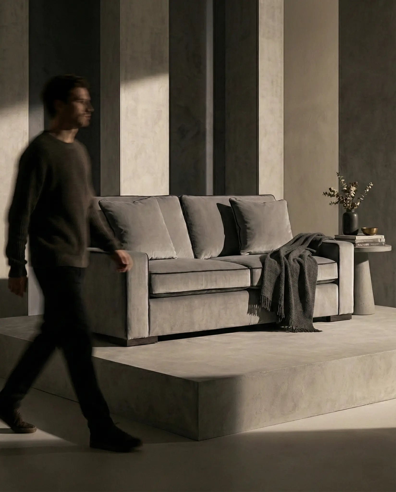 EON-SF006 Grafton Velvet Sofa - Lifestyle with Man Walking
