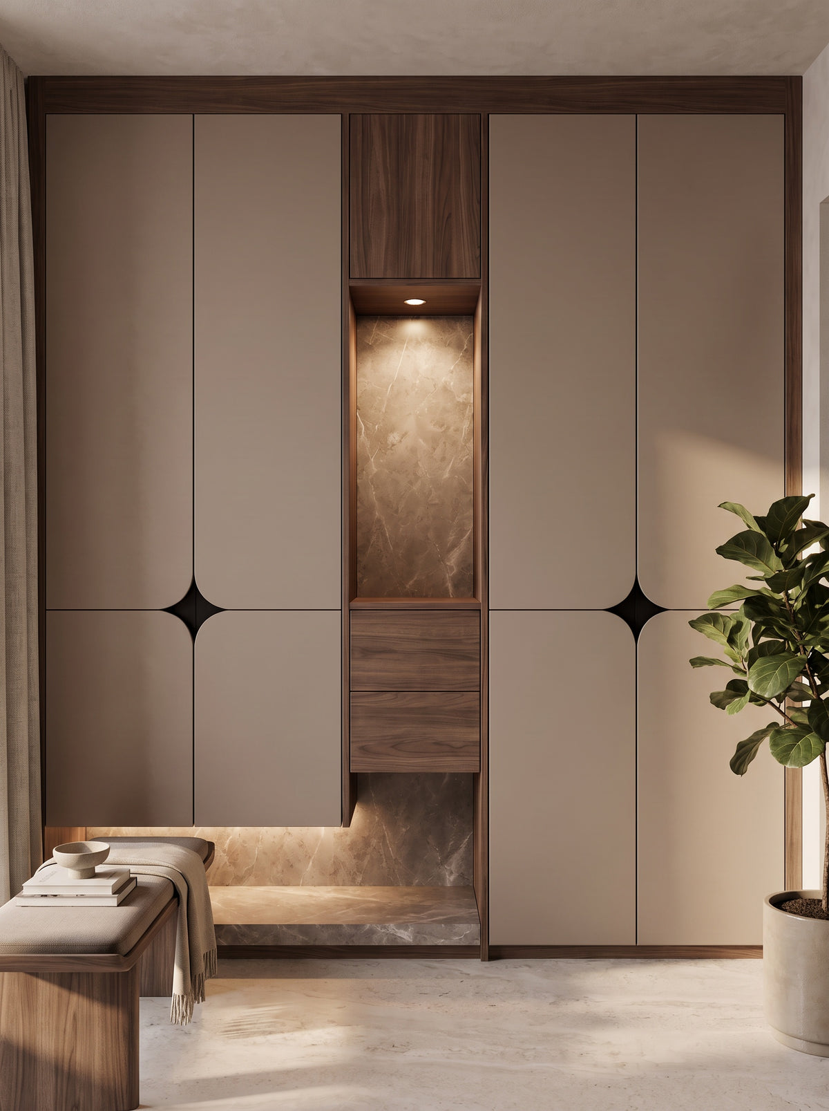 Elise built-in wardrobe EON-WD005 – warm contemporary dressing-area lifestyle view