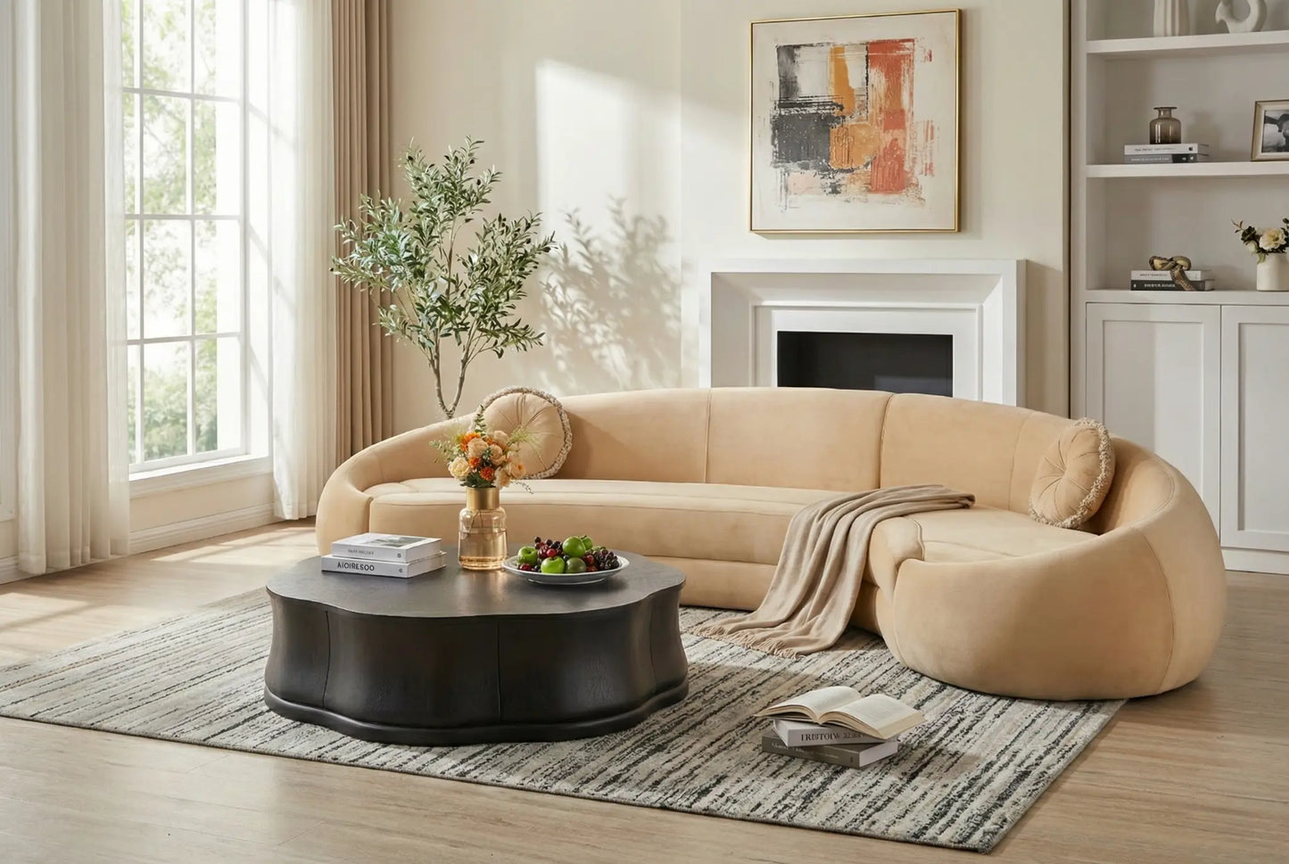 EON-SF014 Amber Curved Sectional - Lifestyle Bright Fireplace Room