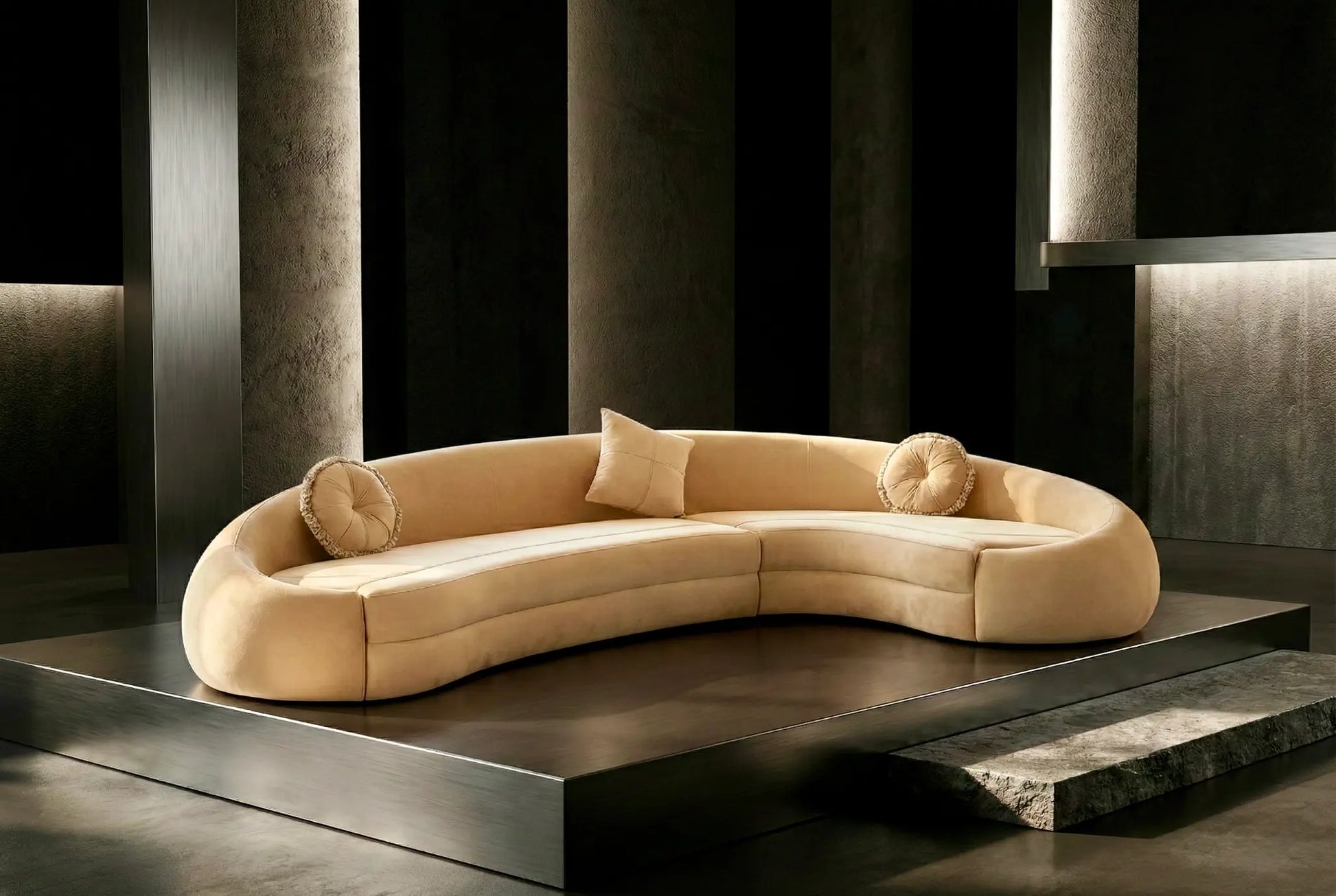 EON-SF014 Amber Curved Sectional - Dark Column Studio Hero