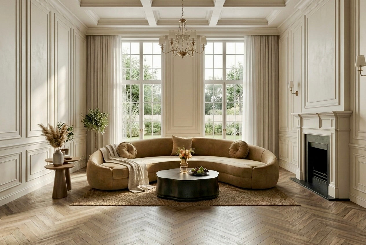 EON-SF014 Amber Curved Sectional - Country House with Dark Table