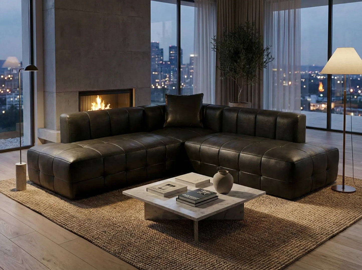 EON-SF008 Noir Modular Sectional - Night Fireplace City View