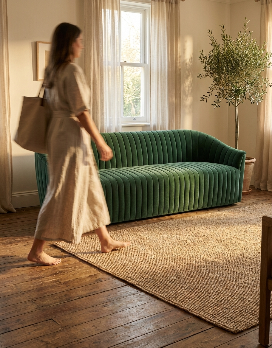 EON-SF007 Emerald Channel Velvet Sofa - Lifestyle Bright Room