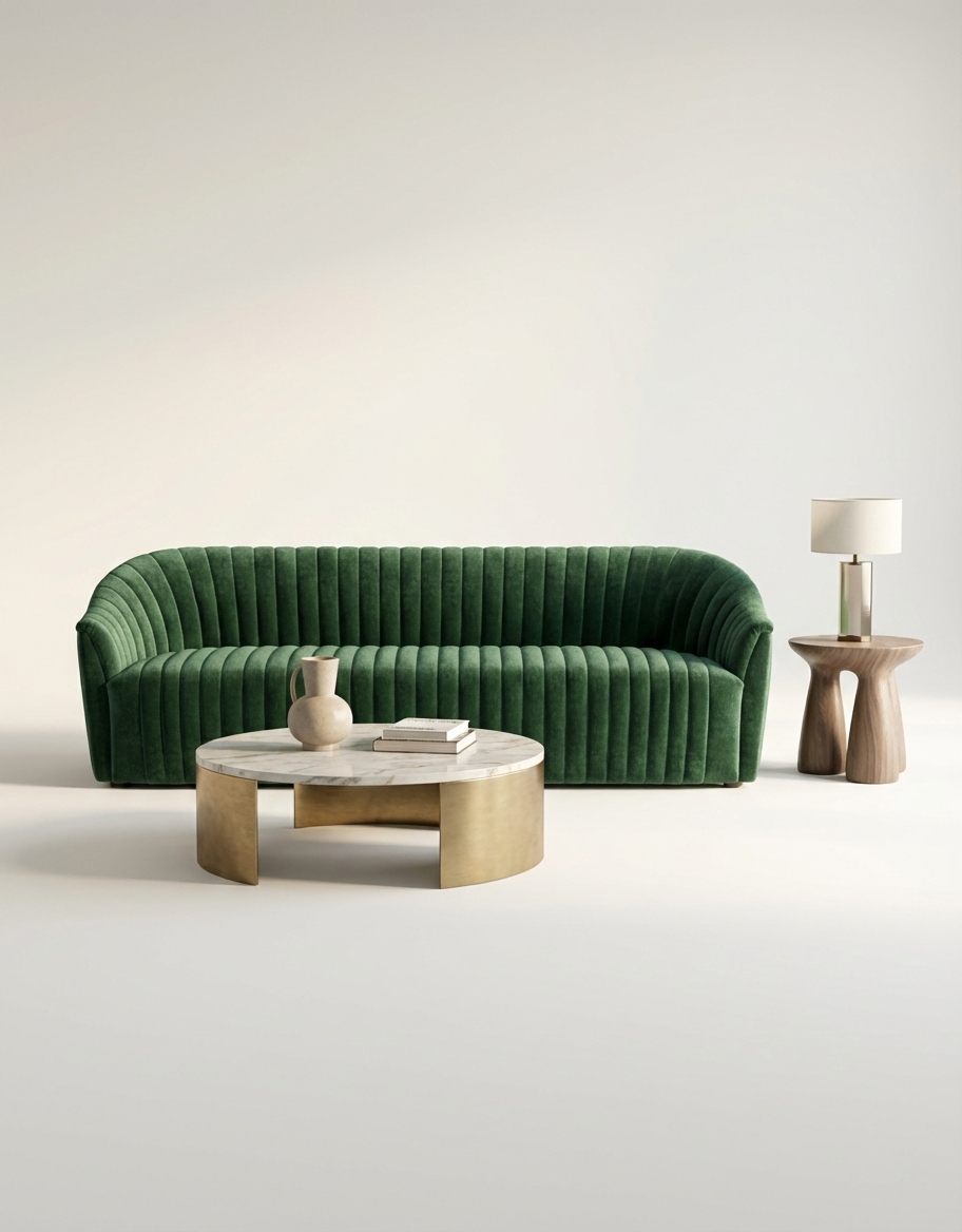 EON-SF007 Emerald Channel Velvet Sofa - Front View White Background