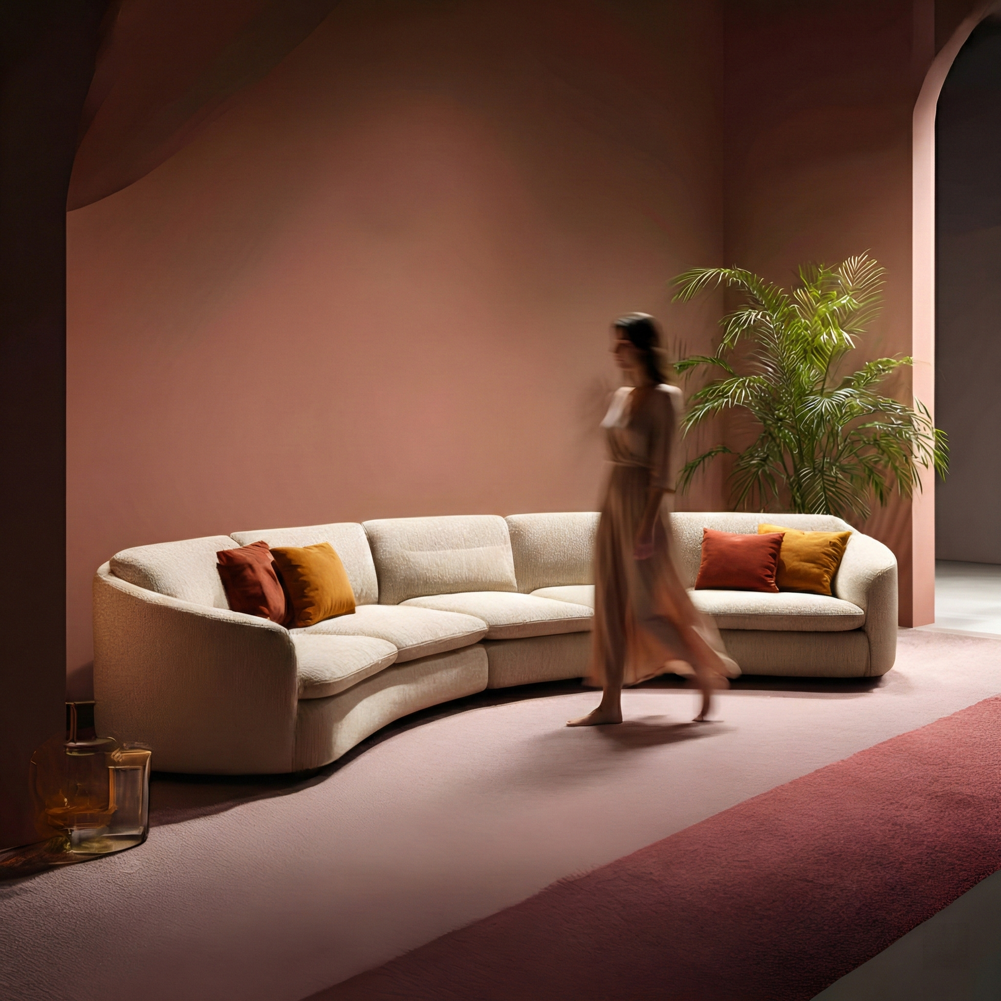 EON-SF010 Luna Curved Sectional - Terracotta Room Model Walk