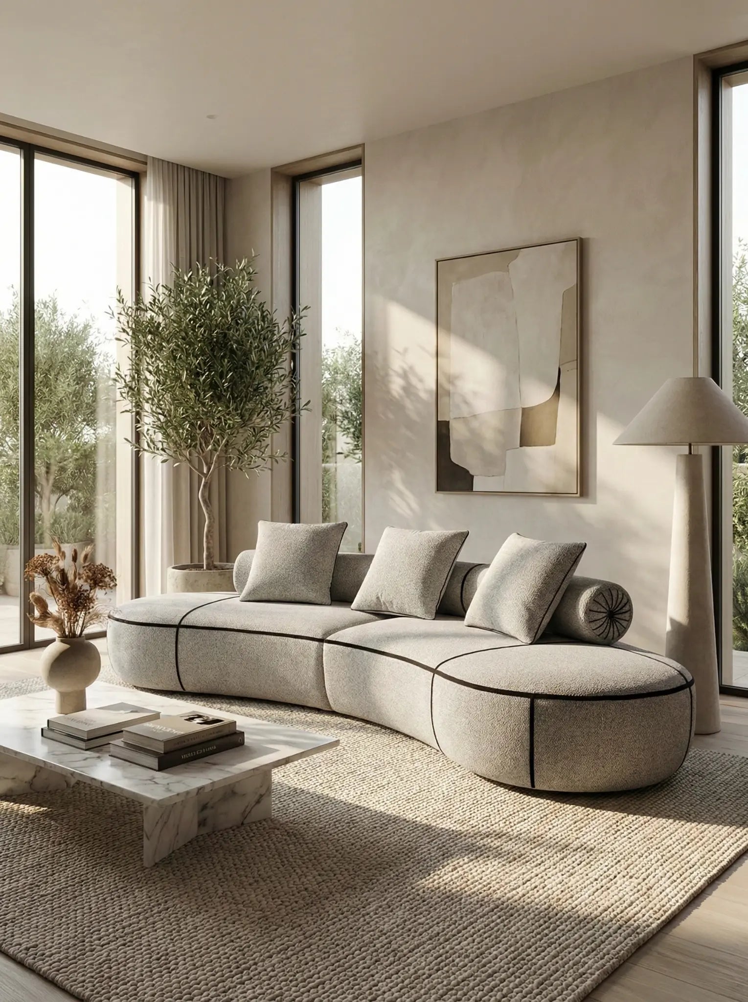 EON-SF013 Orbit Curved Sofa - Lifestyle Floor-to-Ceiling Windows