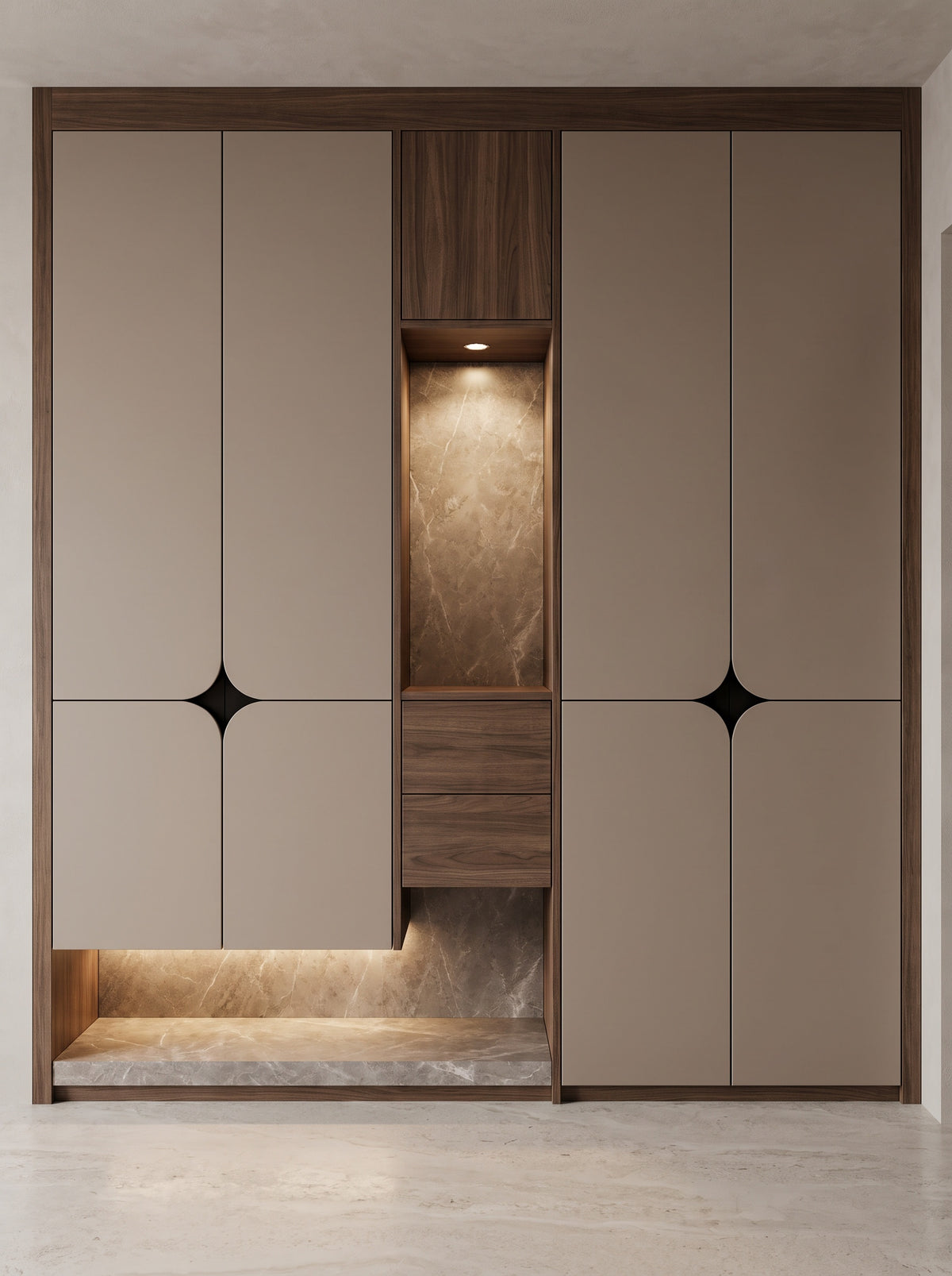Elise built-in wardrobe EON-WD005 – symmetrical taupe and walnut front view