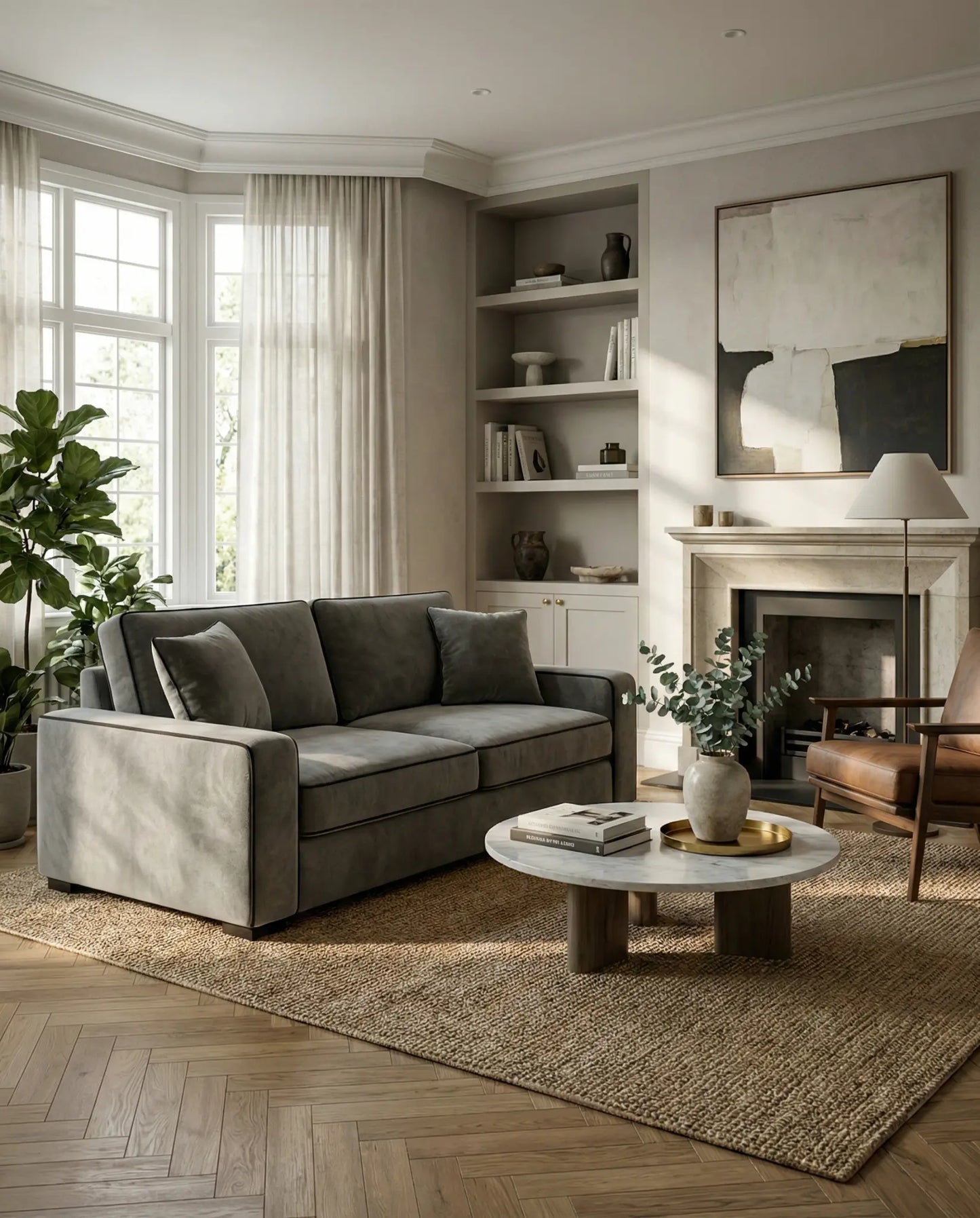 EON-SF006 Grafton Velvet Sofa - Classic Living Room with Fireplace