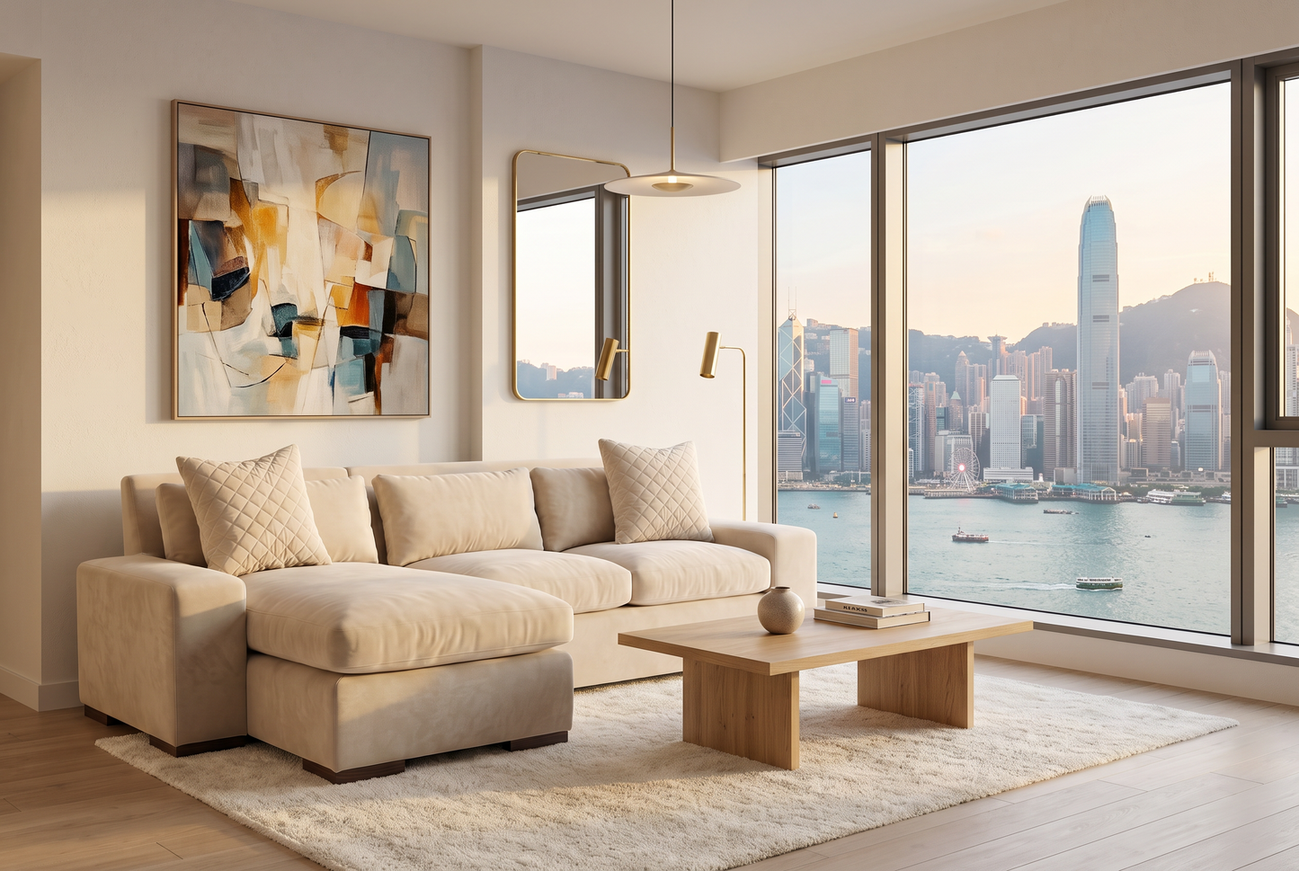 EON-SF012 Ivory Chaise Sectional - Lifestyle HK Harbour Golden Hour