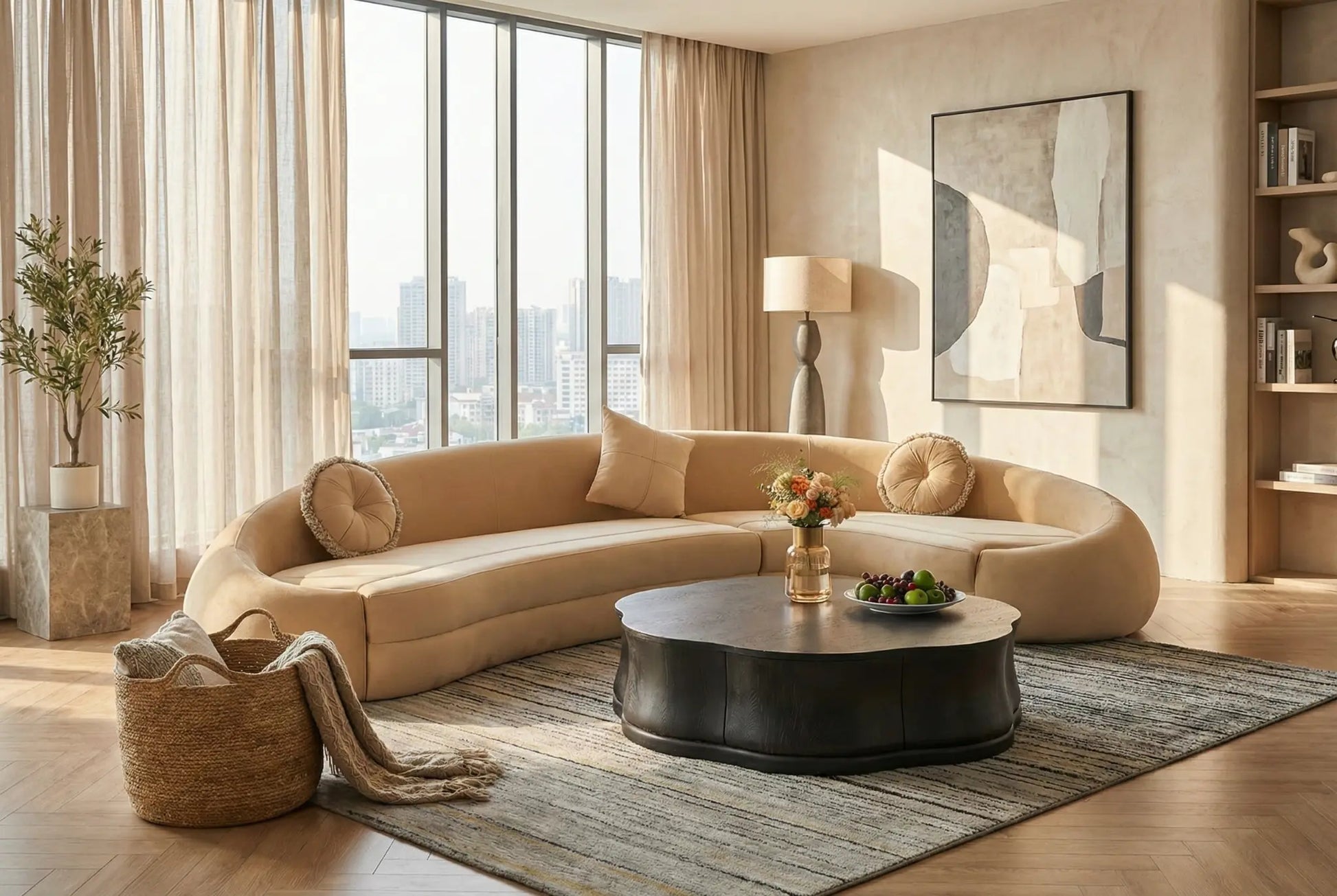 EON-SF014 Amber Curved Sectional - Lifestyle City View Apartment