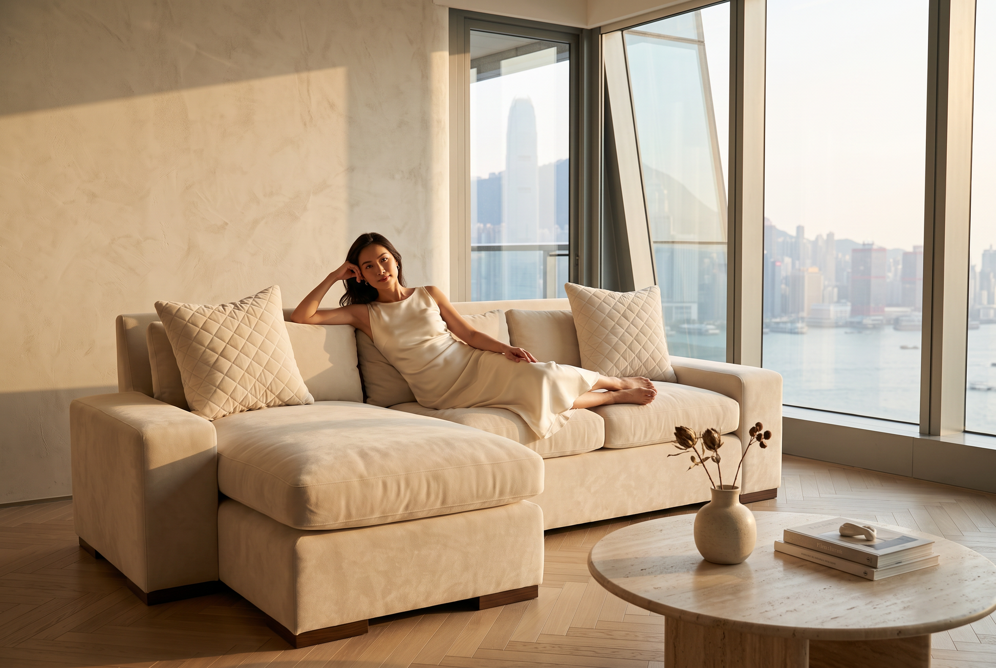 EON-SF012 Ivory Chaise Sectional - Model Campaign HK Harbour