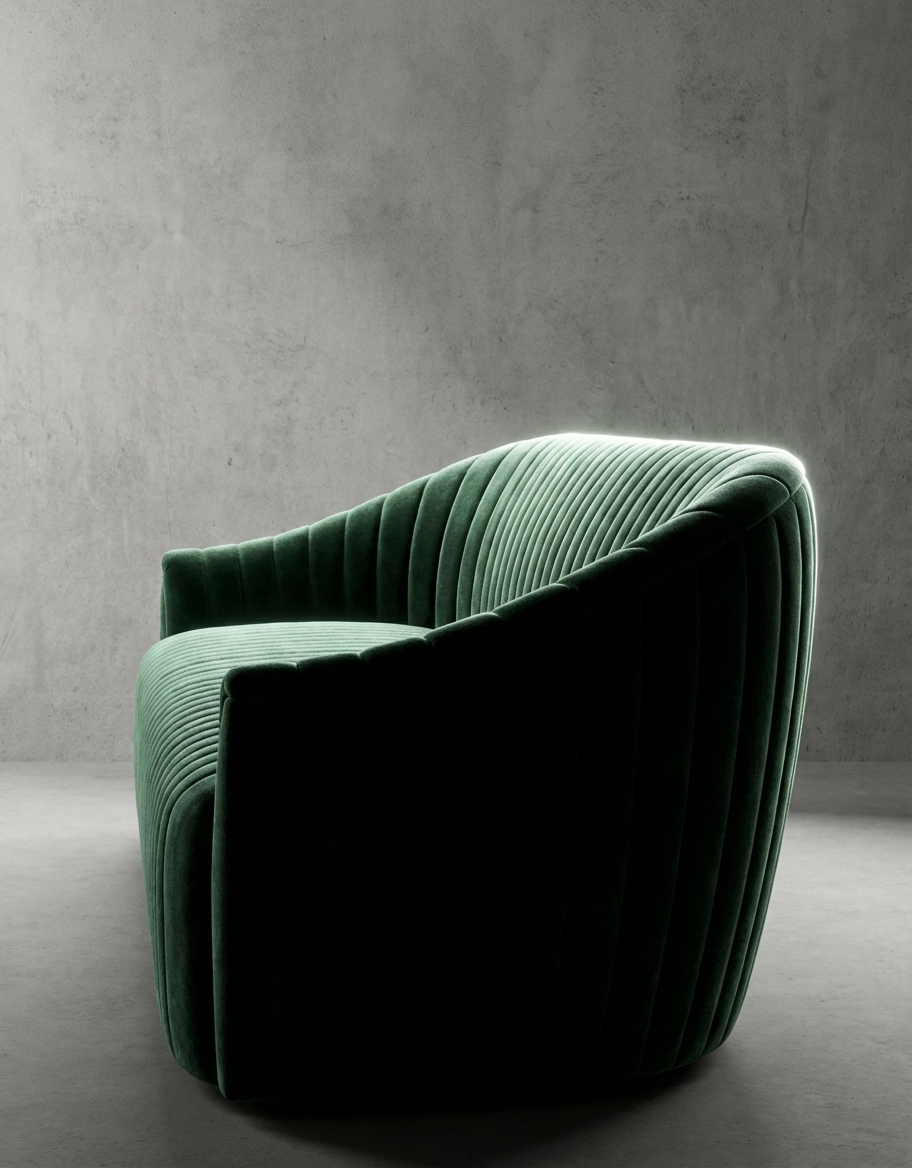 EON-SF007 Emerald Channel Velvet Armchair - Hero Concrete Background
