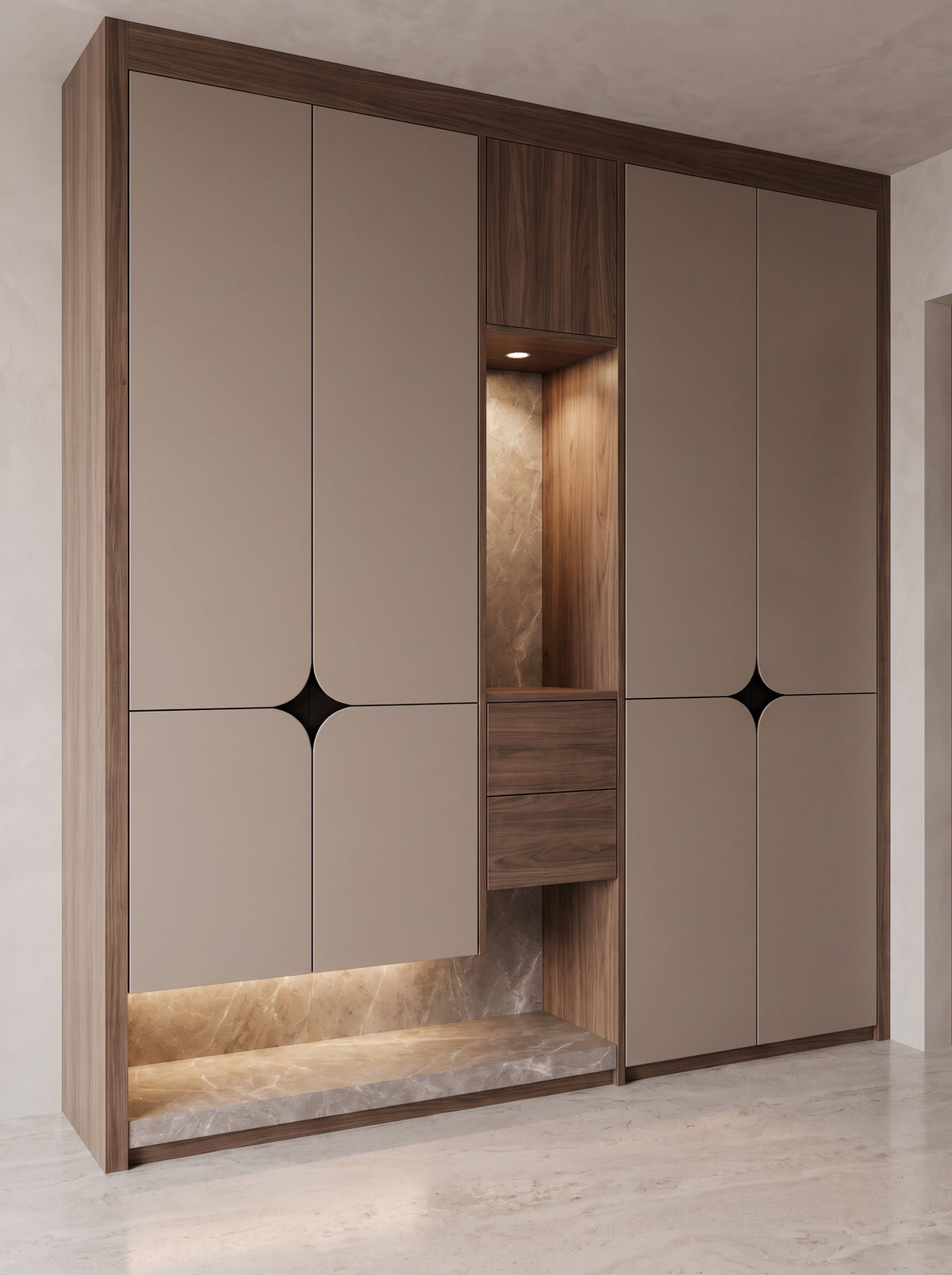 Elise built-in wardrobe EON-WD005 – walnut-framed taupe wardrobe hero view