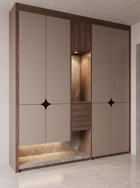 Elise built-in wardrobe EON-WD005 – walnut-framed taupe wardrobe hero view