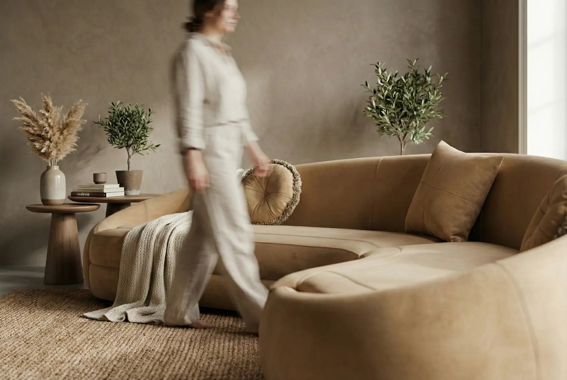EON-SF014 Amber Curved Sectional - Model Walk Lifestyle