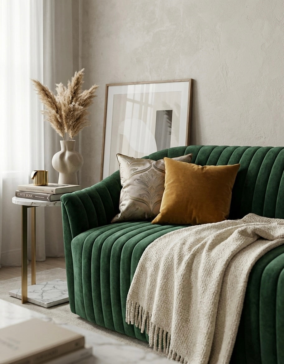 EON-SF007 Emerald Channel Velvet Sofa - Lifestyle with Side Table