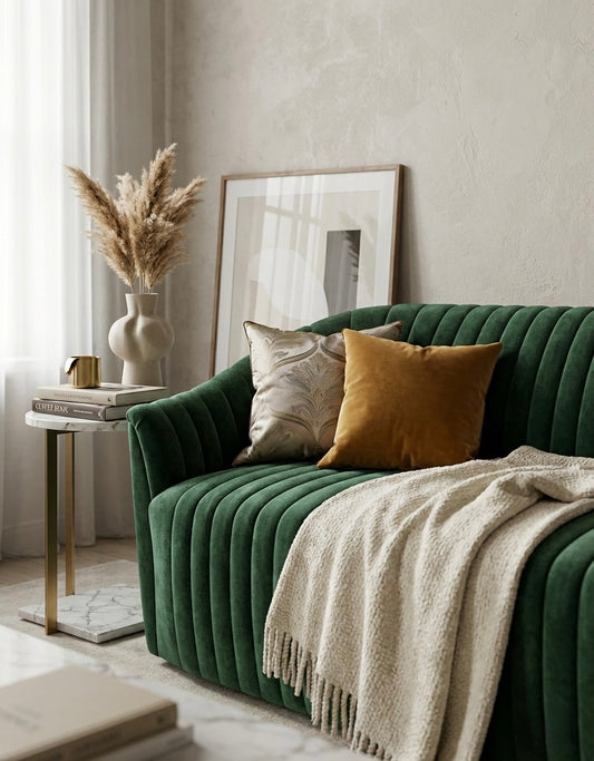 EON-SF007 Emerald Channel Velvet Sofa - Lifestyle with Side Table