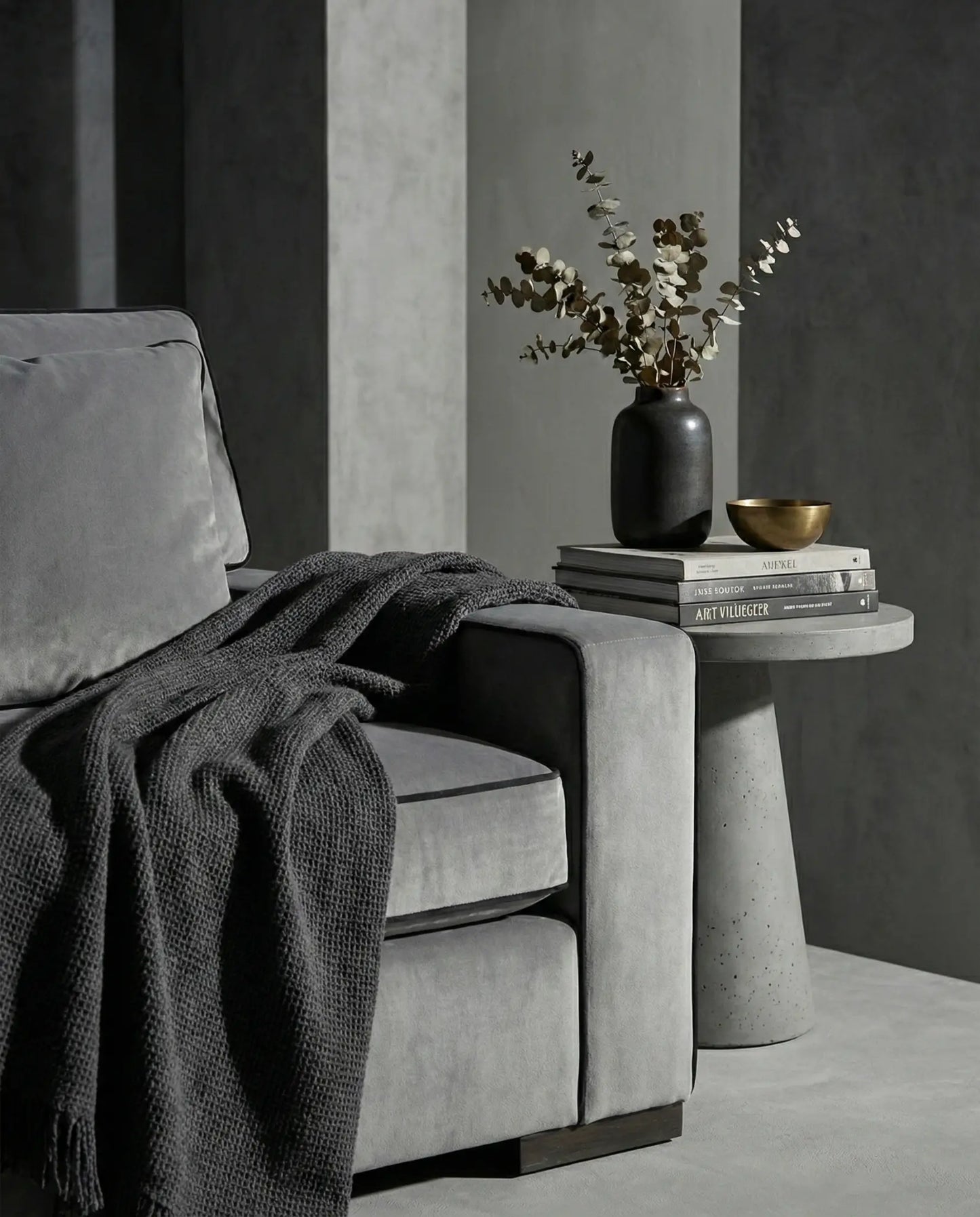 EON-SF006 Grafton Velvet Sofa - Lifestyle with Side Table and Throw