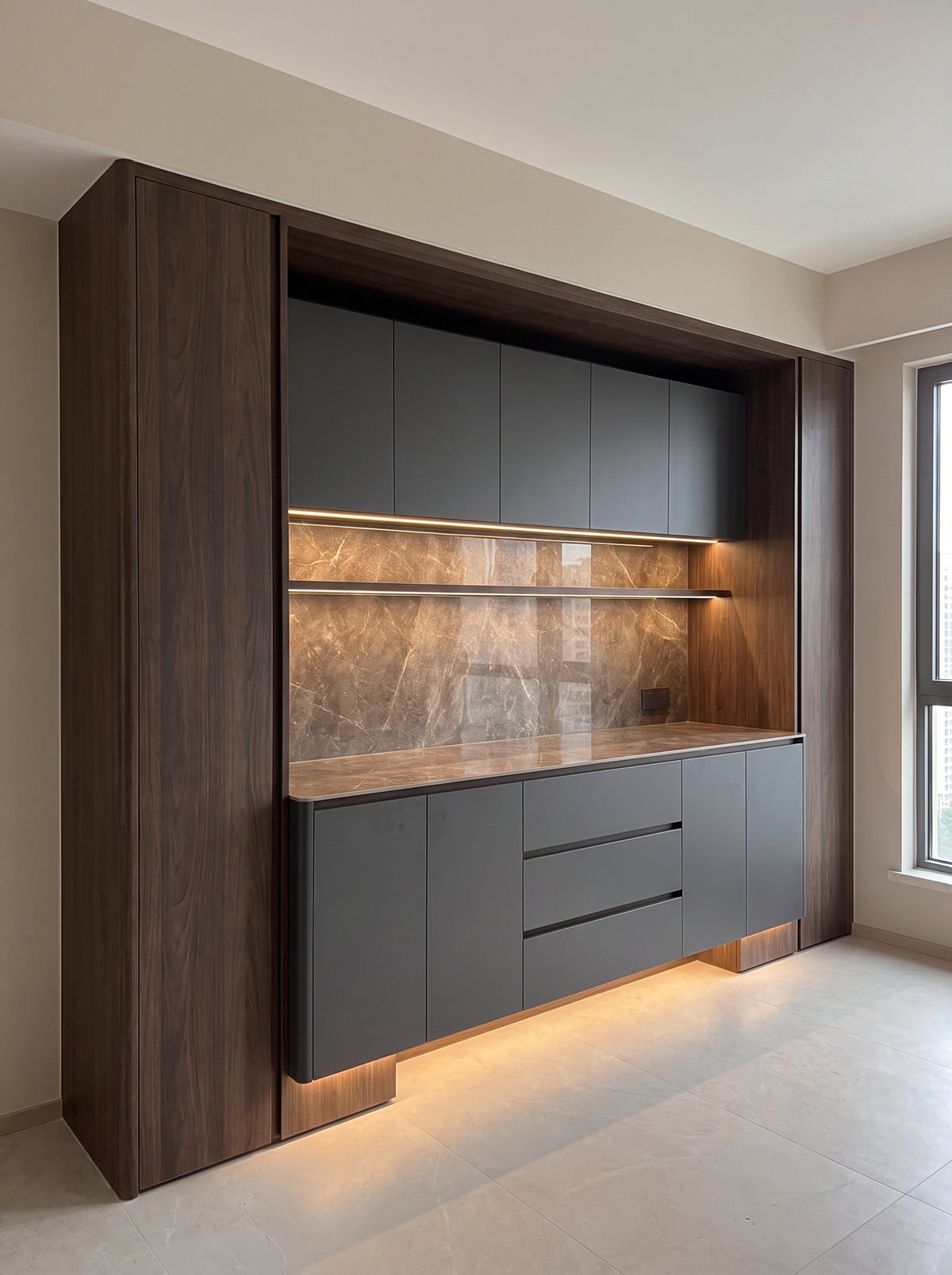 Nadine Dining Cabinet EON-SC004 – charcoal cabinetry with smoked walnut framing and illuminated marble-look splashback