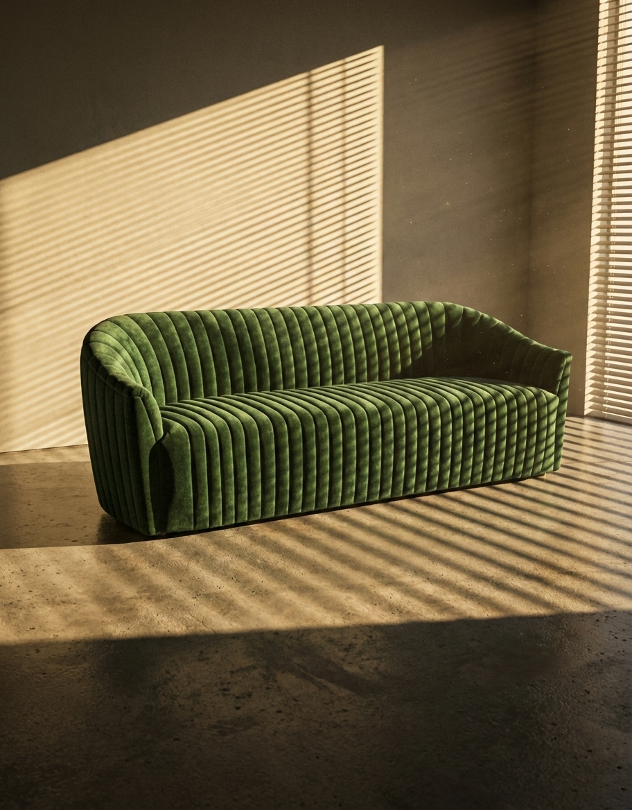EON-SF007 Emerald Channel Velvet Sofa - Lifestyle with Plants
