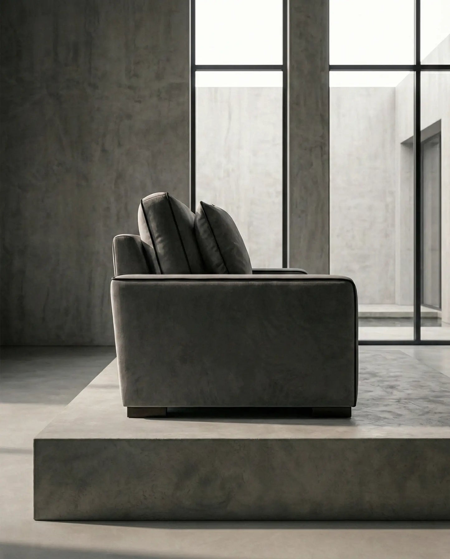 EON-SF006 Grafton Velvet Sofa - Side Profile Concrete Interior