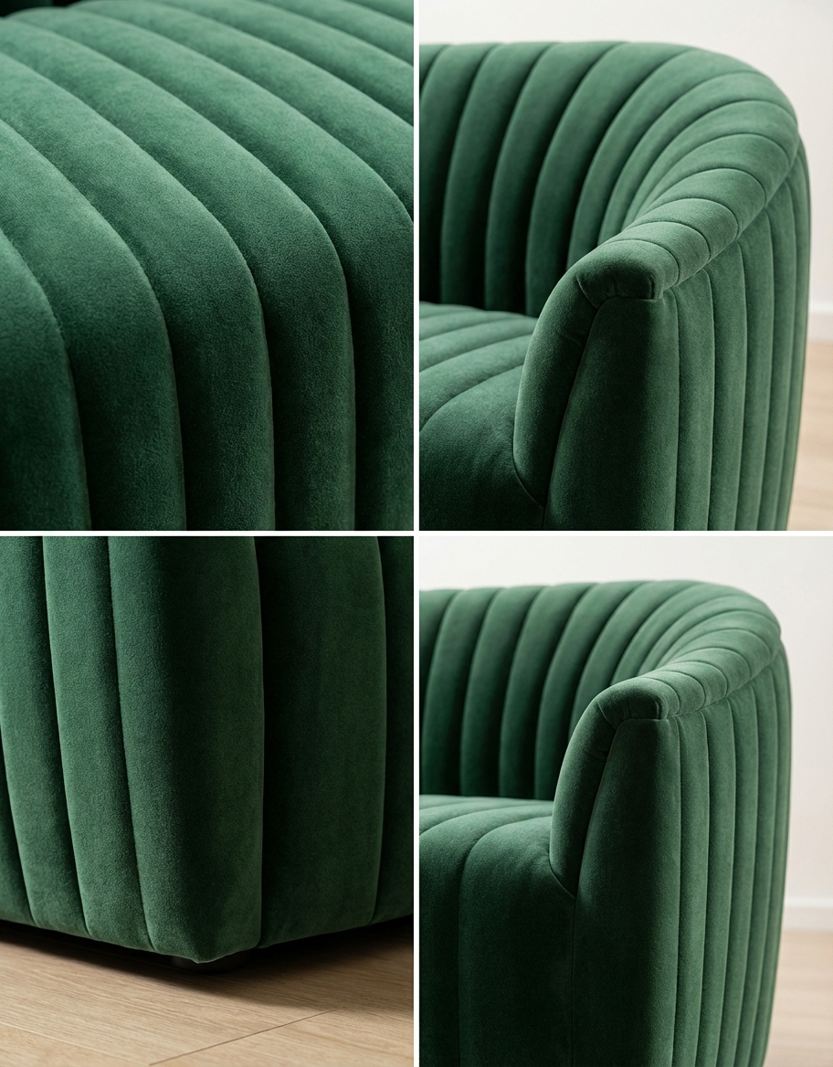 EON-SF007 Emerald Channel Velvet Sofa - Side Profile Dark Studio